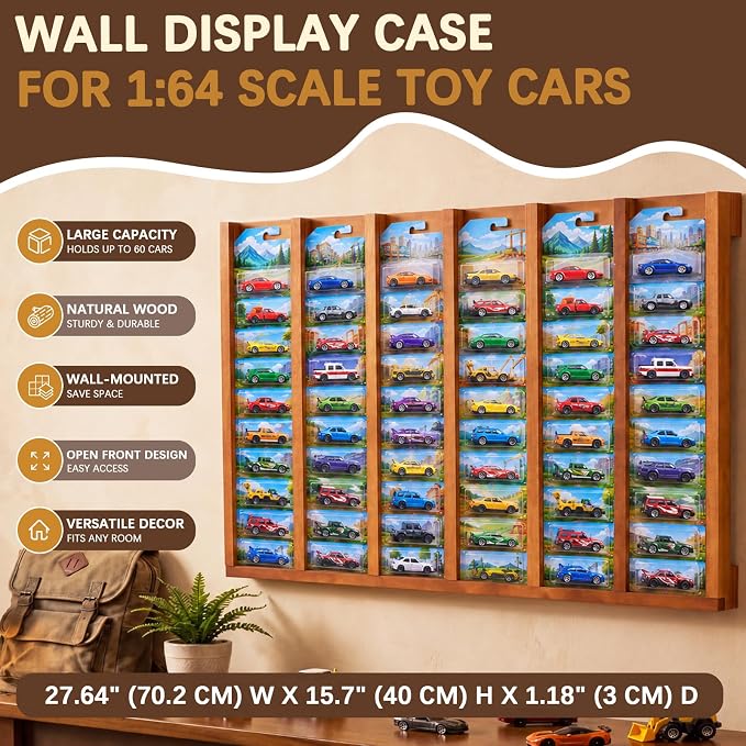 Sintuff Wood Model Car Display Case Wall Mount, 50 Slots Toy Car Organizer for 1: 64 Scale Carded Die-cast Cars, Hanging Storage Rack for Collections Lovers