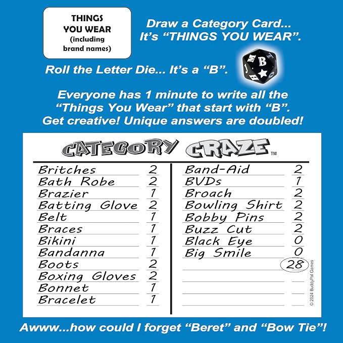 Category Craze - The Simple, Fast-paced, dice-Rolling, Category Card Game for Families or Parties! Ages 12 and up. 2 or More Players or Teams!