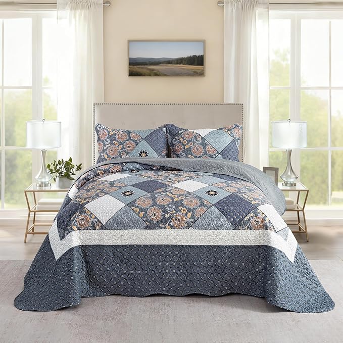 NEWLAKE Quilt Set Queen Size, Bedspread Sets Delicate Square Floral, Quilt Bedding Set Lightweight and Breathable for All Seasons, Soft Quilted Bedspread with 2 Pillow Shams