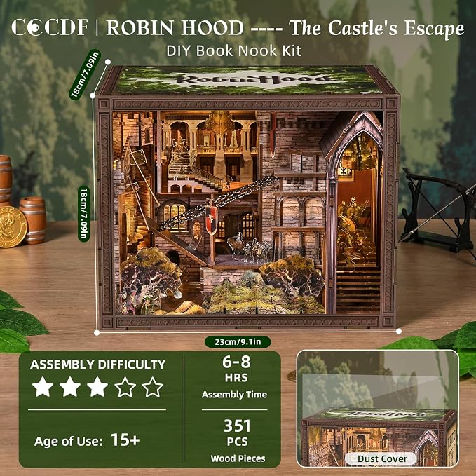 CCCDF Book Nook Kit, DIY Miniature House Dollhouse Kit for Adults and Teens, Booknook Bookshelf Decor with LED Light, Gifts for Family and Friends (Robin Hood - The Castle's Escape)