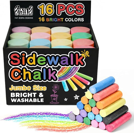16 PCS Sidewalk Chalk for Kids - 16 Colors, Non-Toxic Washable Jumbo Outdoor Chalks - Set of Outdoor Paint for Kids and Toddlers - Chalkboard Toys - Perfect for Party & Creative Play
