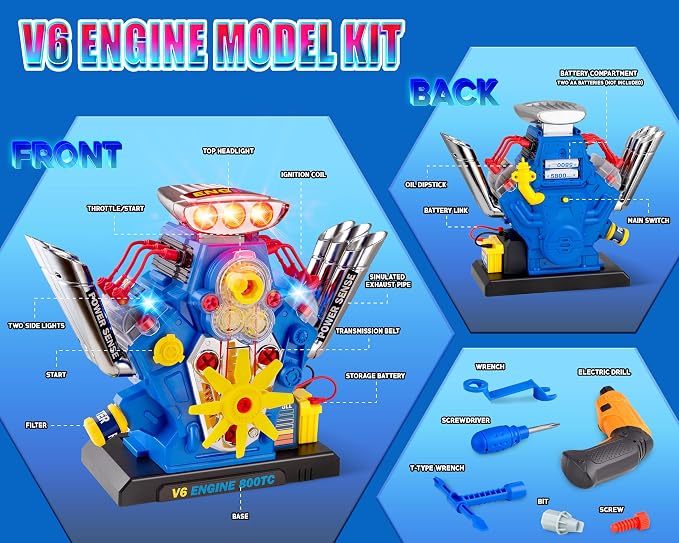 POFJOEQ STEM New V6 Engine Model Building Kit，60-Piece Take Apart Toy with Realistic Lights & Sounds, Tools - Mechanic Repair Playset for Kids Ages 3-5