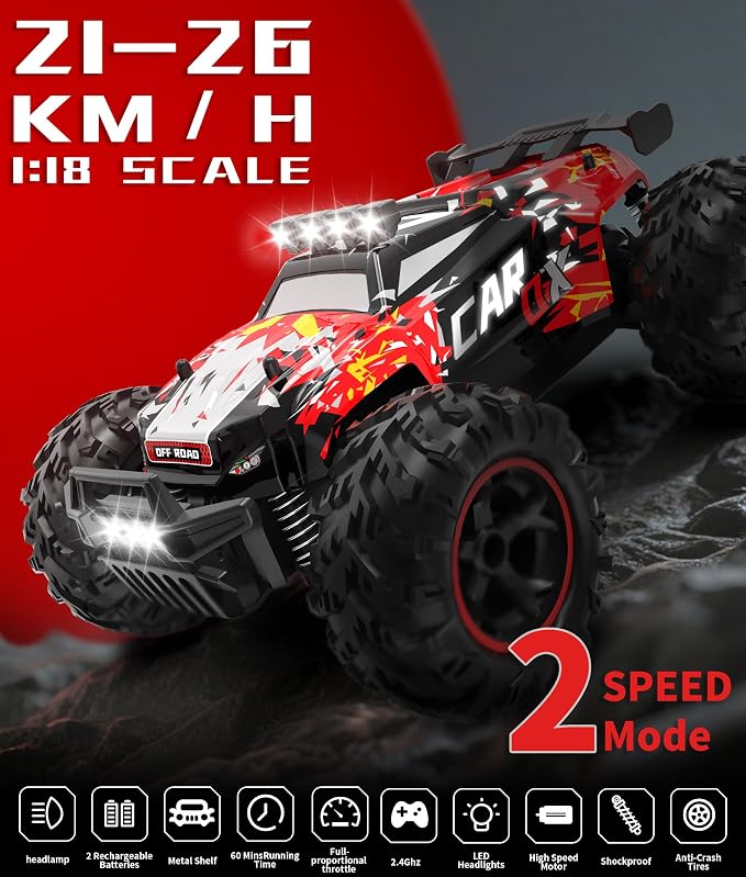Carox Remote Control Car, 2.4GHz 26KM/H High Speed RC Car, 1:18 Off-Road Monster Truck with LED Lights, Proportional Throttle & 1800mAh Rechargeable Batteries – Ideal Gift for Boys 6+ (RED)