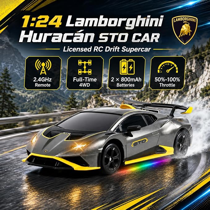 YESHIN 1：24 Lamborghini Haracan Drifting Car Gray, Lamborghini Toy Car, RC Cars for Boys Age 8-12, 2.4GHz Remote Control Car with Light