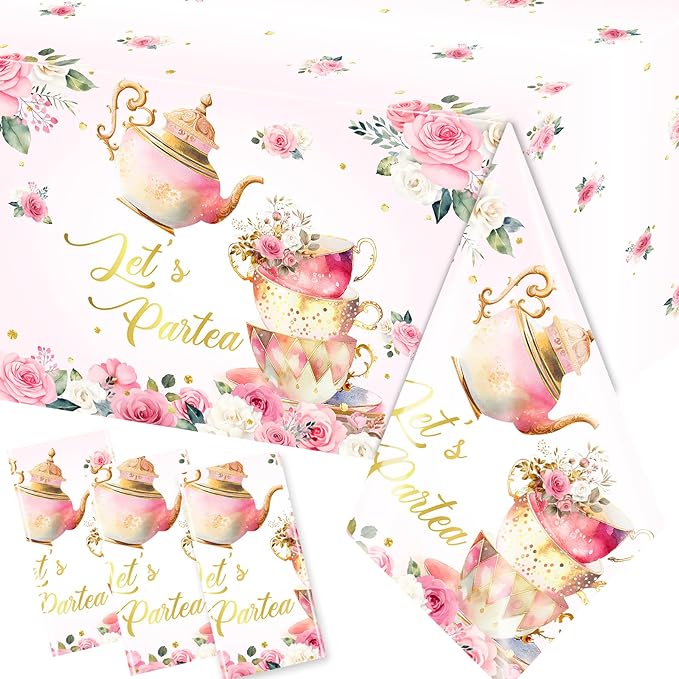 Pink Floral Tea Party Tablecloth, Girls Tea Party Birthday Supplies 3pcs Let's Partea Spring Disposable Table Cover for Baby Shower, Floral Birthday Decorations