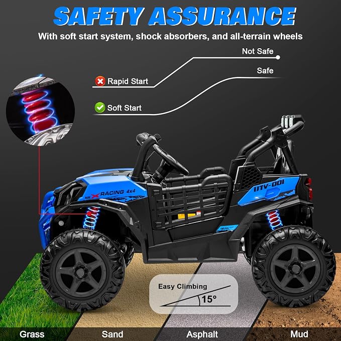 24V 2 Seater Ride on Car for Big Kids, JOYRACER 4x4 Off-Road UTV Toy w/Remote Control, 800W Powerful Motors, 20" Large Seat, 5 Mph Max Speed, Bluetooth, MP3, Lights, Electric Car for Kids, Blue