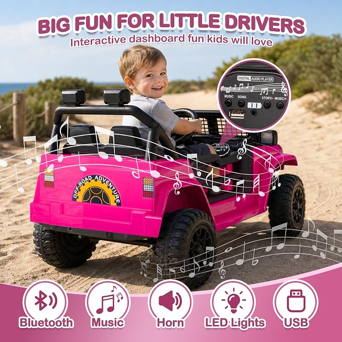 12V 7AH Kids Ride-On Truck Jeep, Electric Car with Parent Remote Control, Spring Suspension, LED Lights, Bluetooth, Music, Pink