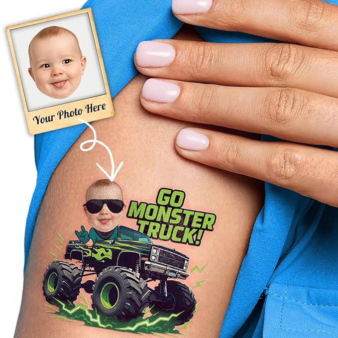 Custom Monster Truck Temporary Tattoos for Kids - Personalized Pre-Cut Face Photo Tattoos - Fun Birthday Party Favors for Boys, Monster Truck Fans - Set of 20 Unique Celebration Gifts