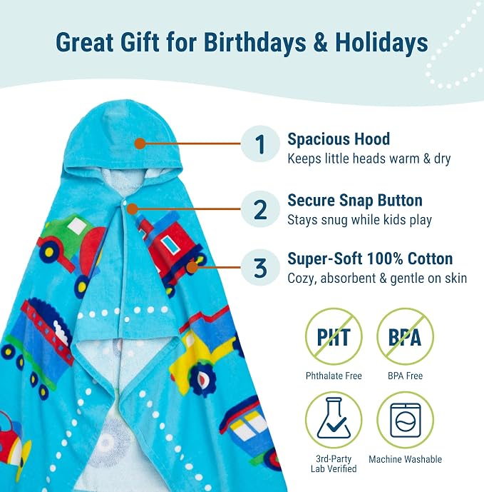 Wildkin Kids Hooded Beach Towel – 100% Cotton, Snap Front for Bath, Pool & Beach - Trains, Planes & Trucks