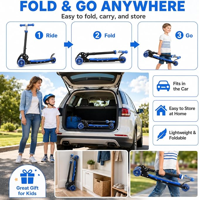 Kids Kick Scooter for 3-12,Lean-to-Steer 3 Wheel Scooter for Beginners with Light-Up Wheels,3 Adjustable Handlebar 27.5"–33",6-Inch Wide Deck,Rear Foot Brake,Foldable Scooter for Boys & Girls