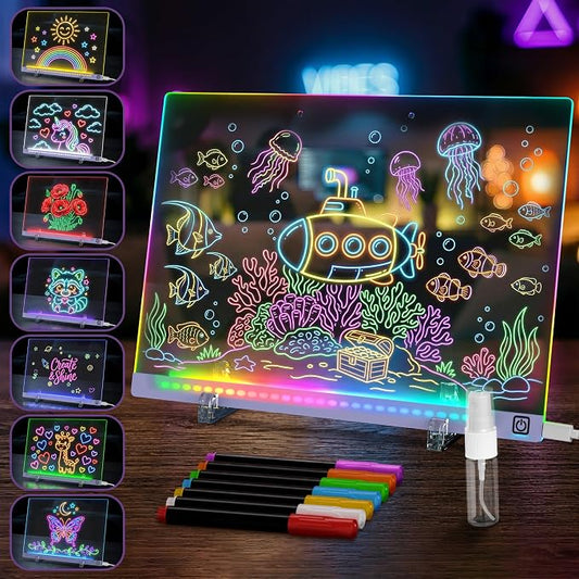LED Drawing Board with USB-C Power – 16 Inch Acrylic Light Board for Tracing with Edge-Lit Color-Changing Glow, 7 LED Colors, 6 Light Modes – Plug-and-Play Kit with Markers, Stands, Gift Box (Blue)