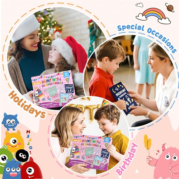 KIDS KING Coloring Book Kit, 5 Themes: Princess | Unicorn | Mermaid | Space | Transportation, Contains Colored Pencils Cute Styles for Painting, Arts & Crafts for Adult and Younger