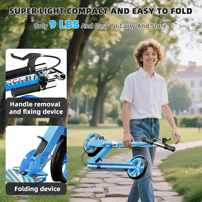 Scooters for Kids 8-12, Teens & Adults - Lightweight, Foldable, 8-Inch Big Wheels, Hand Brake & Bell, 4 Adjustable Height Levels, 240 lbs Max Load, Perfect for School, Campus and Park Rides