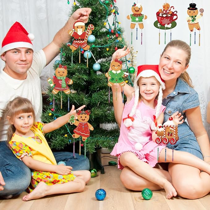 gisgfim 16 Pack Christmas Gingerbread Man Wind Chime Kits Crafts for Kids Make Your Own Wind Chime Wooden DIY Coloring Art Craft for Xmas Party School Classroom Decorations Supplies Birthday Favors