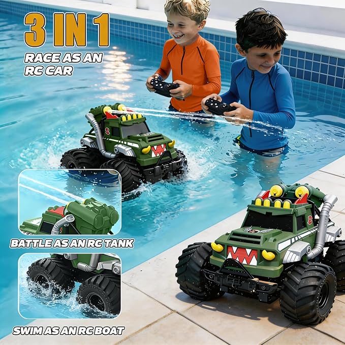 Remote Control Car, Amphibious Monster Trucks for Boys Age 4-7, 1:18 4WD All Terrain Waterproof Monster Truck Toys, 2.4GHz RC Boat W/2 Batteries, Birthday Gift for Kids Ages 6-12 Years Old