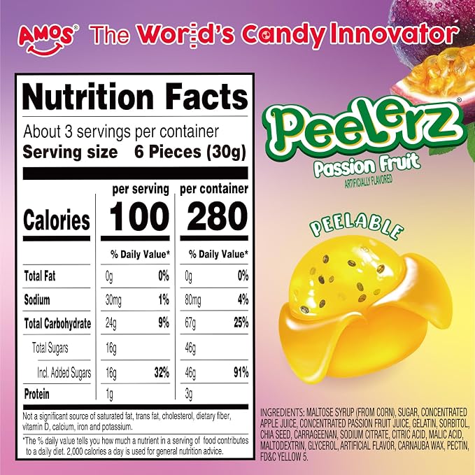 AMOS Peelerz Passion Fruit 85 g – Tropical Snack, Pre-Peeled Style Passion Fruit Candy,Fruity Flavor & Peelable Texture, Ready-to-Eat Snack Pack