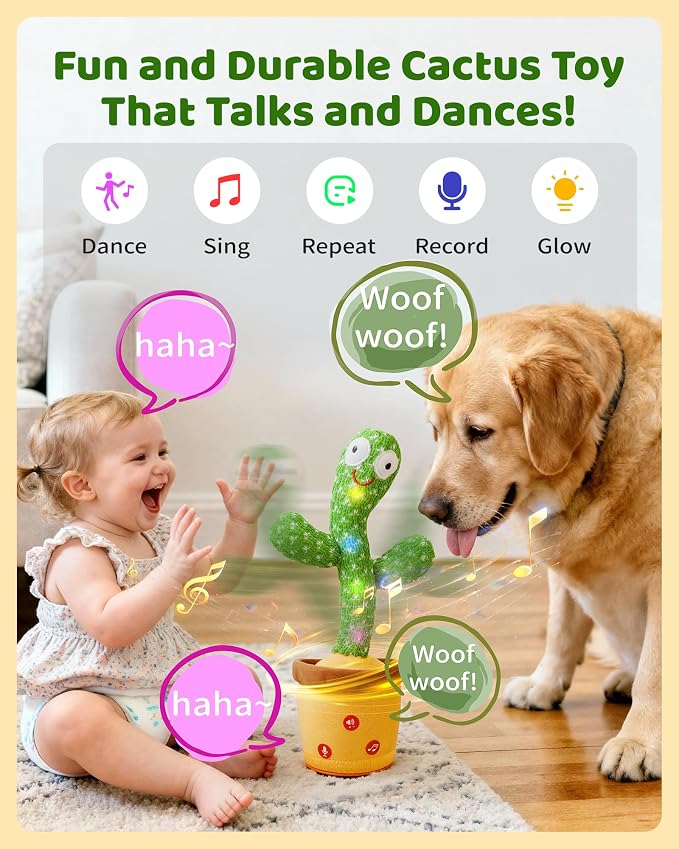 TWORIVER Adjustable Volume Dancing Talking Cactus Toy for Baby Toddler, Boys Girls Gifts Singing Mimicking Recording Repeating What You Say Baby Toys with 120 English Songs