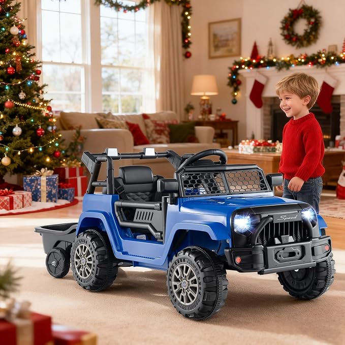 Costzon Ride on Car with Detachable Trailer, 12V Battery Powered Ride on Truck with Parent Remote Control, Light & Music, Electric Vehicle Kids Car Toy for Boys & Girls (Blue)