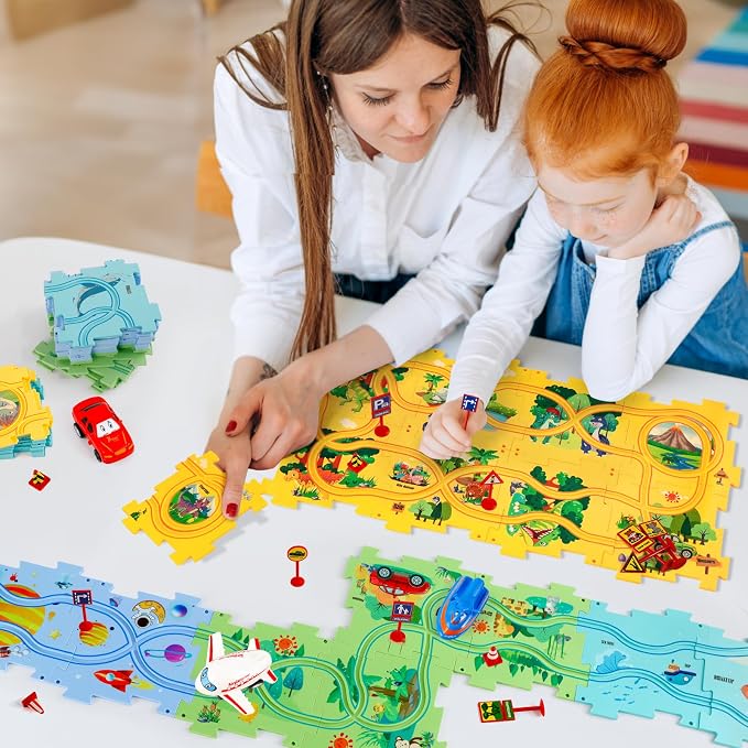 YOOYID Puzzle Racer Kids Car Track Set, Kids Toys Boys 3-5, Toys for 3 4 5 6 Year Old Boys, Toys for Ages 3-4, Montessori Toys for 3+ Year Old, (100Pcs, 4 Themes)
