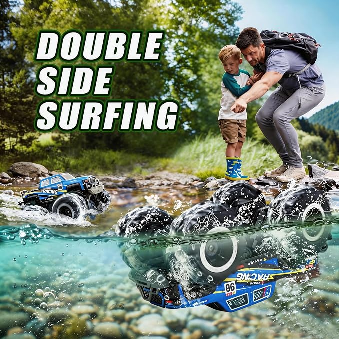 Amphibious Remote Control Car, Monster Trucks for Boys Age 4-7, Monster Truck Toys W/Blocks & 360°Spin, 4WD All-Terrain Off-Road RC Cars with 2 Batteries 100 min, 2.4GHz Pool Toy Gift for Kids
