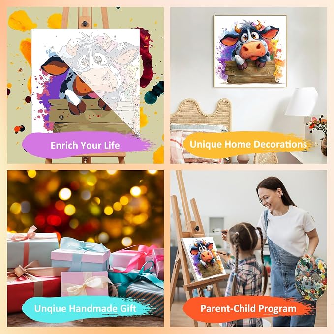 Paint by Numbers Kit for Kids with Frame, Cow Paint by Numbers for Kids Ages 4-8-12, DIY Cow Acrylic Oil Painting for Home Wall Art Decor Gift 7.8x7.8 inch (with Frame Easel)