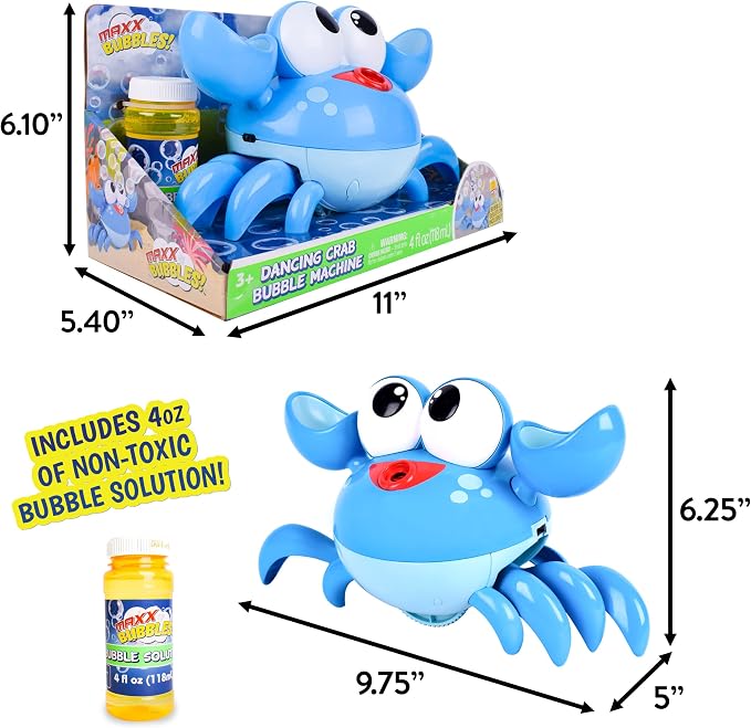 Maxx Bubbles Dancing Crab Bubble Machine - Moving Bubble Blower for Kids | Lights Up and Plays Music | 4oz Bottle of Bubble Solution - Sunny Days Entertainment,Blue