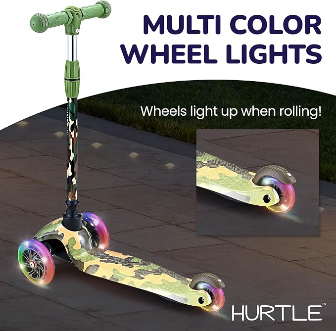 Hurtle Mini Kickboard 3 Wheel Scooter for Kids Ages 2-5 - Lean-to-Steer Toddler Scooter with Light-up LED Wheels, Adjustable Height & Rear Foot Brake for Boys. & Girls, Anti-Slip, Indoor/Outdoor