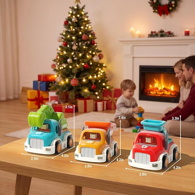 Toy Cars for Toddlers 1-3, Friction Powered, Light & Sound Toddler Car Toys with Mini Trucks (Excavator, Dumper, Fire), Early Educational Gift for Boys Girls (3 Pack)