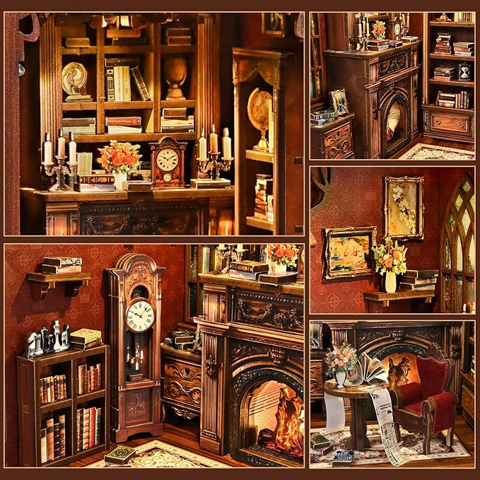 DIY Miniature House Kit, Library Book Nook Kit, 3D Wooden Puzzles Bookshelf Craft Kits, Dollhouse Kit with LED Light, Mini Building Kit for Adults Teen to Build (Twilight Library)