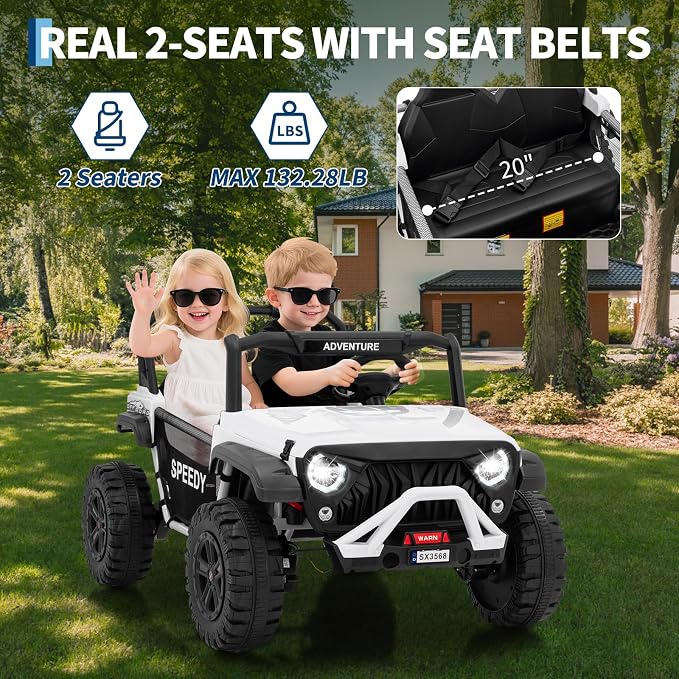 Powerful 24V Ride on Car for Kids, Ride on Truck with Remote Control - 4WD Electric Car, 2 Seater UTV, Spring Suspension, Front & Behind LED Lights, Dual Storage, 3 Speeds, Music,