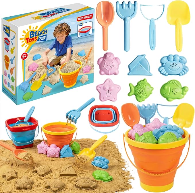 Beach Sand Toys Set for Toddlers, Portable Travel Beach Toys with 2 Collapsible Buckets, 2 Shovels, 2 Rakes, 6 Molds & Mesh Storage Bag for Kids, Summer Gift