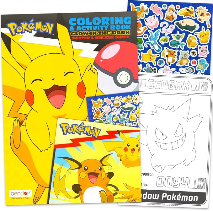 Pokemon Coloring Set with Glow in The Dark Posters, Stickers - Bundle with Pikachu Activity Book for Boys Plus Glow in The Dark Poster, Stickers, Trading Cards, More | Pokemon Coloring Book for Kids