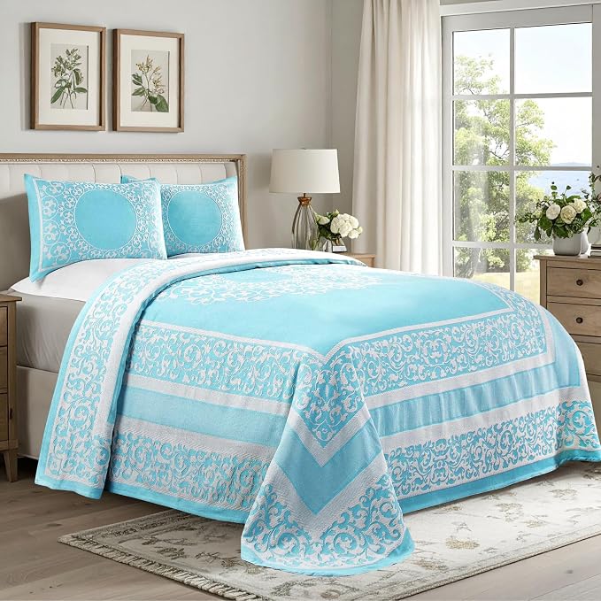 Superior Cotton Blend Bedspread Set, Includes 1 Tailored Bedspread and 1 Matching Pillow Sham, Lightweight Blanket, Bedding Decor, Jacquard Vintage Floral Mandala, Lyron Collection, Twin, Aqua