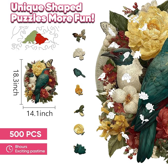 Leodozzio Nature Birds Wooden Jigsaw Puzzles 500 Pieces, Stained Glass Puzzle, 5MM Thick Unique Shaped Bird Flower Wooden Puzzle for Adults, Nautical Art Gift, Family Game, 14.1x18.3 Inch