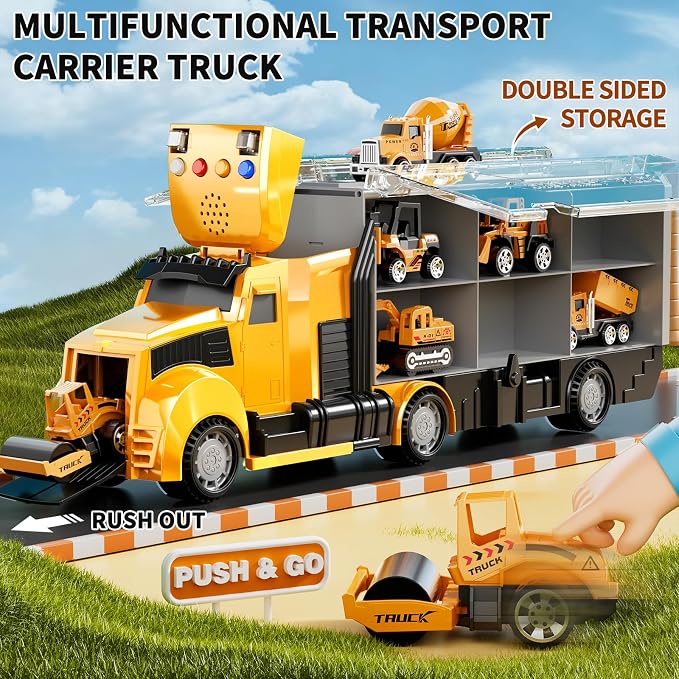 NIPLOOOW Construction Trucks Toy Set with Play Mat, Carrier Truck Play Vehicles Set for 3 4 5 6 Years Old Boys Kids, Die-Cast Car Toy for Toddlers 3-4 Years, Birthday Gifts Toys for 3-9 Year Old Boys