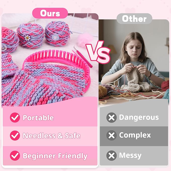 PREBOX Knitting Loom Craft Kit for Kids & Beginners - Create Hat & Scraf with Yarn, Hook Needle, Birthday Gifts Ideas for Teens Girls Age 6-8 8-12 14+, Rose Loom