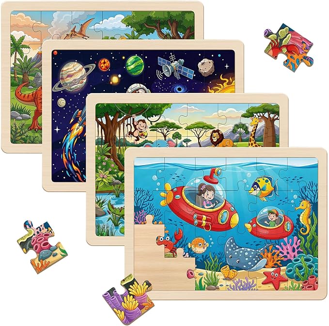 Wooden Puzzles Dinosaur Toys for Kids Ages 4-6, 4 Packs 24 Piece Puzzles for Toddlers 3-5 Preschool Educational Jigsaw Puzzles Boards Toys Gifts for 3 4 5 6 Boys Girls
