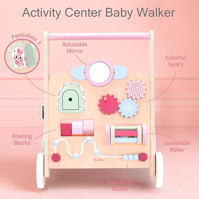 PairPear Wooden Baby Walker, Baby Push Walker Toys Activity Center | Wild - Base Montessori Walker Toys Gift for Girls Boys 1 Year Old Leaning to Walk