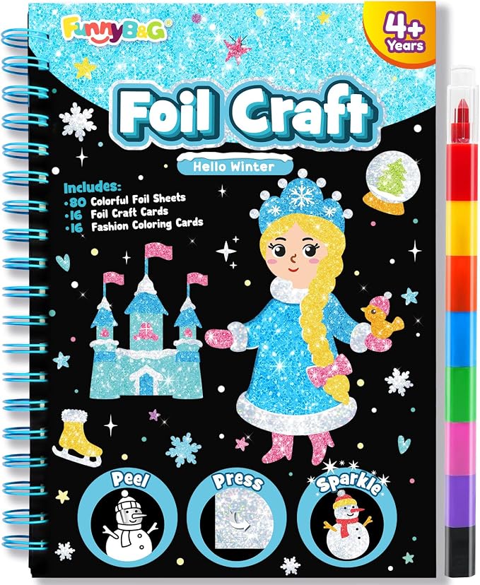 FUNNYB&G Foil Art Craft Kit for Girls 4-10 Years Old: Mess-Free & No-Glue, Create 16 Sparkly Winter Pictures – Perfect Travel Toy & Birthday Gift for Kids (Winter)