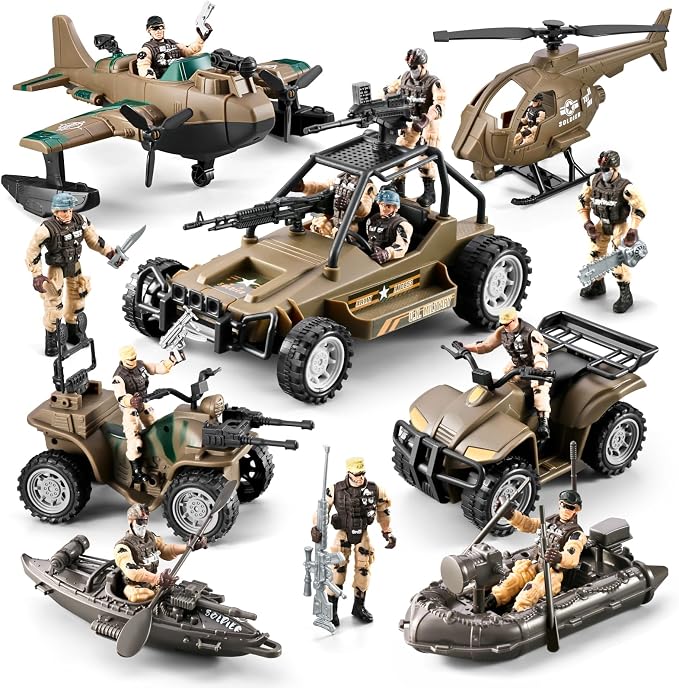78-in-1 Army Men Toys Sets with Realistic Military Truck/Helicopter/Kayak Boat/Motorcycle/Army Men Action Figures/Weapon Gears, Army Toys Gift for Boys Kids 4-7 6-8 8-14 Fun Birthday Party Favors