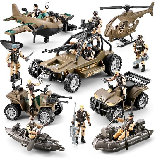 78-in-1 Army Men Toys Sets with Realistic Military Truck/Helicopter/Kayak Boat/Motorcycle/Army Men Action Figures/Weapon Gears, Army Toys Gift for Boys Kids 4-7 6-8 8-14 Fun Birthday Party Favors