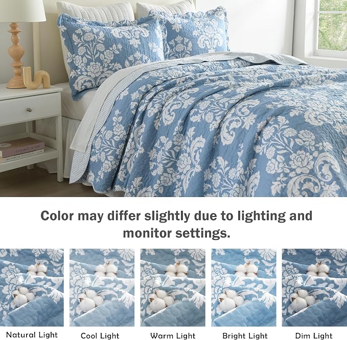 King Size Quilt Set Blue - 100% Cotton Floral Quilt Set, Scalloped Farmhouse Quilts King Size, Lightweight Bedspread Set,Reversible King Bedspread, All Season, Light Blue White, 3-Piece Quilt Set