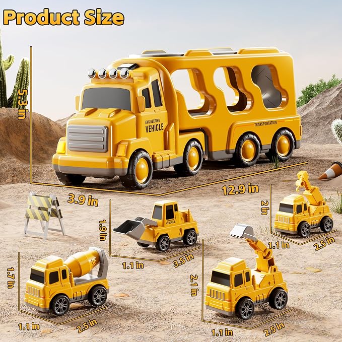 Construction Trucks Toys for 3 4 5 Years Old Boys - 5-in-1 Carrier Transport Vehicle Truck for Toddlers 3-4 Years with Crane, Mixer, Pushdozer and Excavator, Car Toys Birthdays Gift