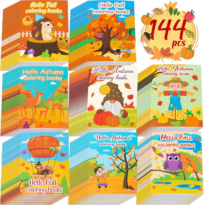 90shine 144PCS Fall Coloring Books for Kids, Thanksgiving Party Favors in Bulk Goodie Bag Stuffers Ages 3-5 4-8