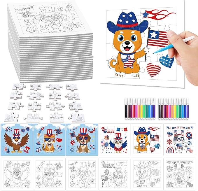 Fennoral 24 Pack 4th of July Craft Kit for Kids Color You Own Cute Animal Patriotic Jigsaw Puzzle with Base DIY Coloring Independence Day Art and Craft for Classroom Activity Party Favor,4.7inch