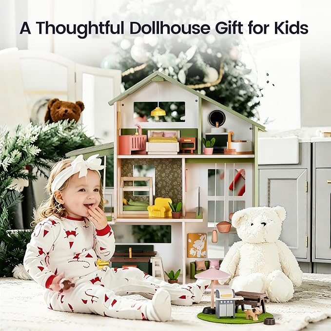 Tiny Land Wooden Doll House, Modern Family Dollhouse with Realistic Design, 7 Rooms Dollhouse with 49 PCS Accessories, Montessori Pretend Play Toddler Toy, Ideal Gift for Kids Ages 3+, Green