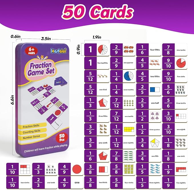 Kasfalci Fraction Dominoes Set,Math Games for Kids,Math Manipulatives,Counting Toys,Learning Games,Preschool Learning Activities,Homeschool Supplies,Kindergarten Classroom Must Haves,1st 2nd 3rd Grade