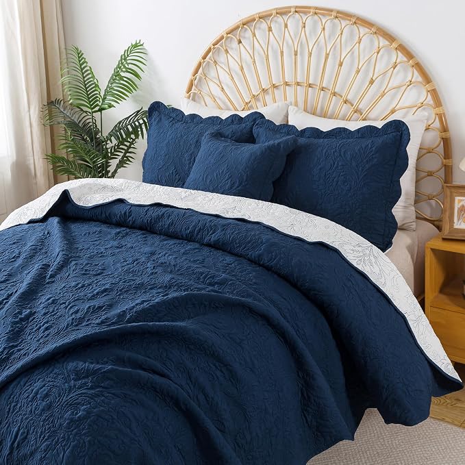 HoneiLife Quilt Sets King Size - Microfiber Bedspreads for King Bed, 3-Piece Lightweight Coverlets, Retro Bed Cover King Quilt Bedding Set All Season Quilts-Navy