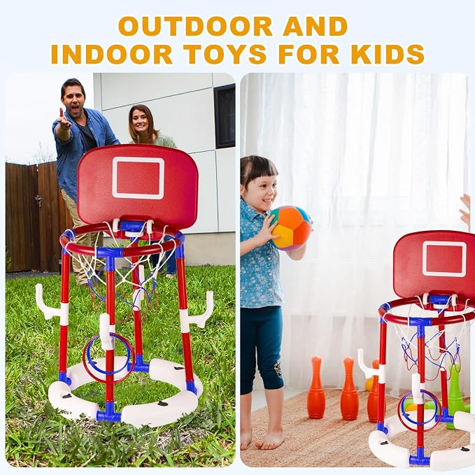 Taotuo Red Floating Pool Basketball Hoop with Backboard, 2-in-1 Poor Toy Basketball & Ring Toss Game with 4 Balls, 6 Rings&Pump, Summer Pool Toys Indoor&Outdoor Water Fun Family Party for Age 3-12