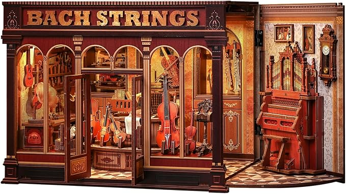 Book Nook Kit, DIY Miniature Music Workshop-Themed, 3D Wooden Puzzle Dollhouse with LED Lights, Bookend & Creative Bookshelf Decor, Craft Gifts for Family and Friends & Music Lovers (Bach Strings)